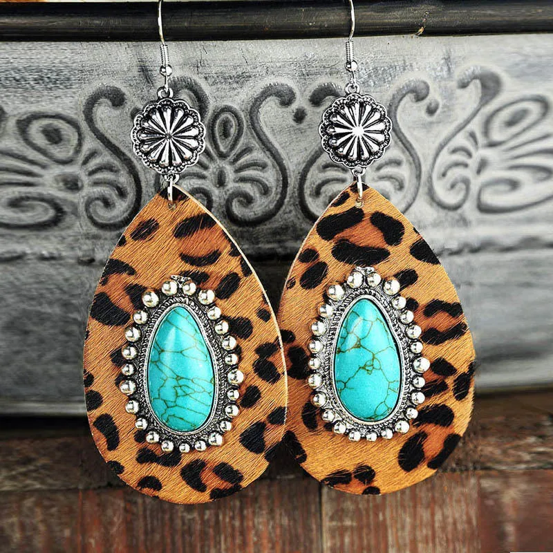 Wholesale Western Style Turquoise Water Drop Leopard Print Leopard Print Geometric Plush Earrings