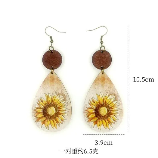 Wholesale Western style Wooden Printing Retro Sunflower Tauren Earrings