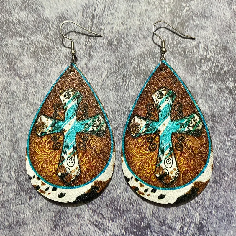 Wholesale Western Vintage Bohemian Water Drop Leather Earrings