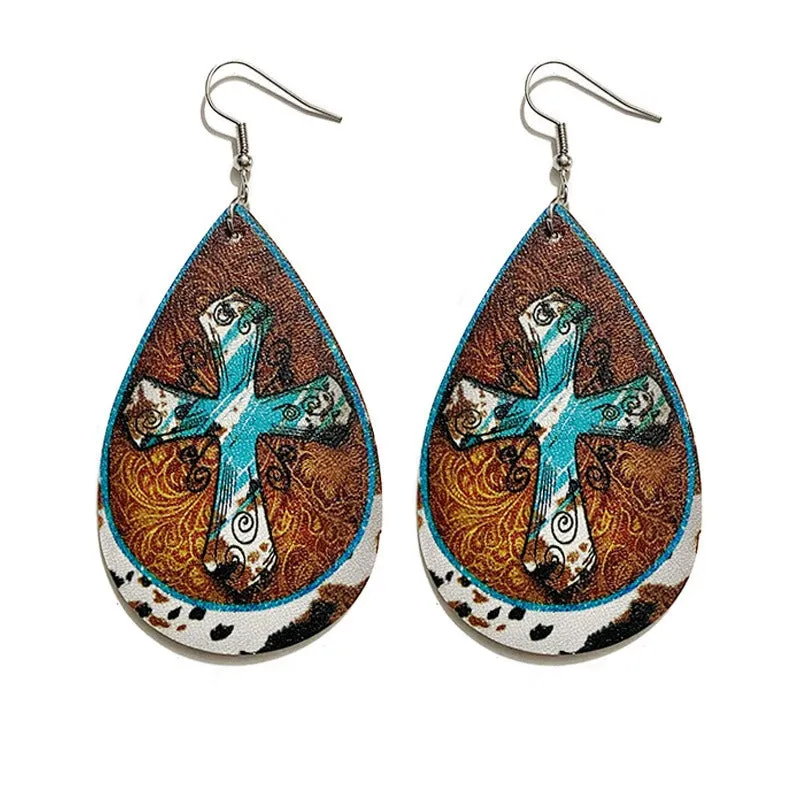 Wholesale Western Vintage Bohemian Water Drop Leather Earrings