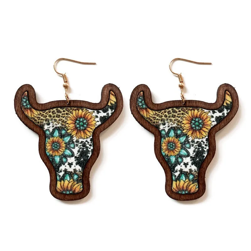Wholesale Western Vintage Bull Head Inlaid Wooden Earrings