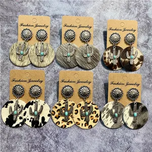 Wholesale Western Vintage Genuine Leather Bohemian Horse Hair Cowhide Cactus Splicing Earrings
