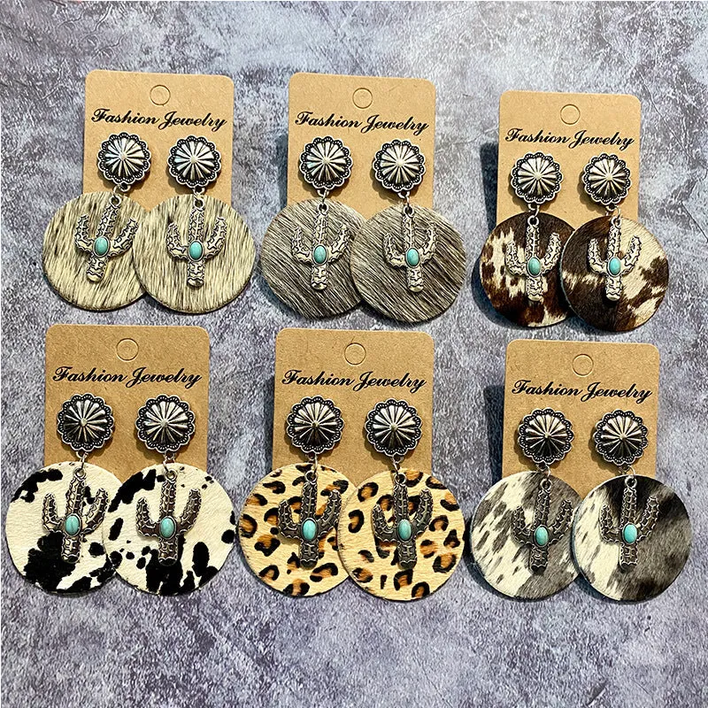 Wholesale Western Vintage Genuine Leather Bohemian Horse Hair Cowhide Cactus Splicing Earrings