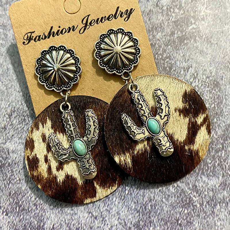 Wholesale Western Vintage Genuine Leather Bohemian Horse Hair Cowhide Cactus Splicing Earrings