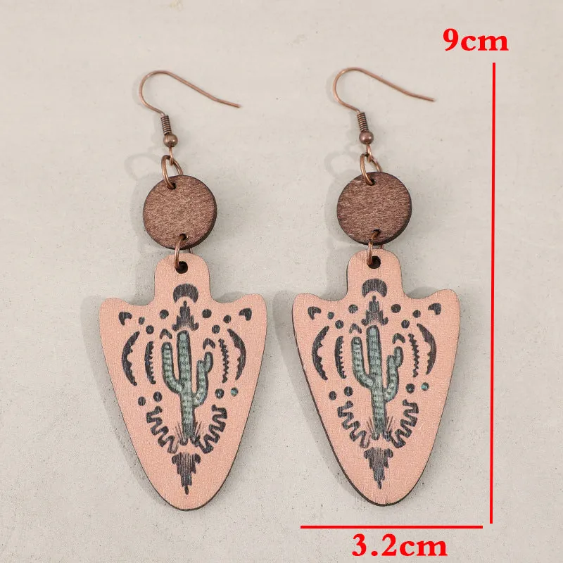 Wholesale Western Vintage Style Arrow Carved Cactus Wooden Earrings