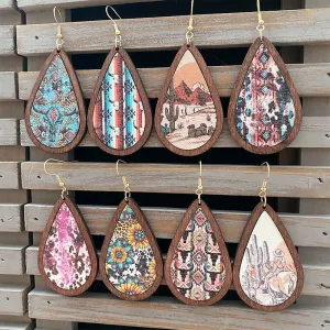 Wholesale Western Vintage Water Drop Pattern Wooden Earrings