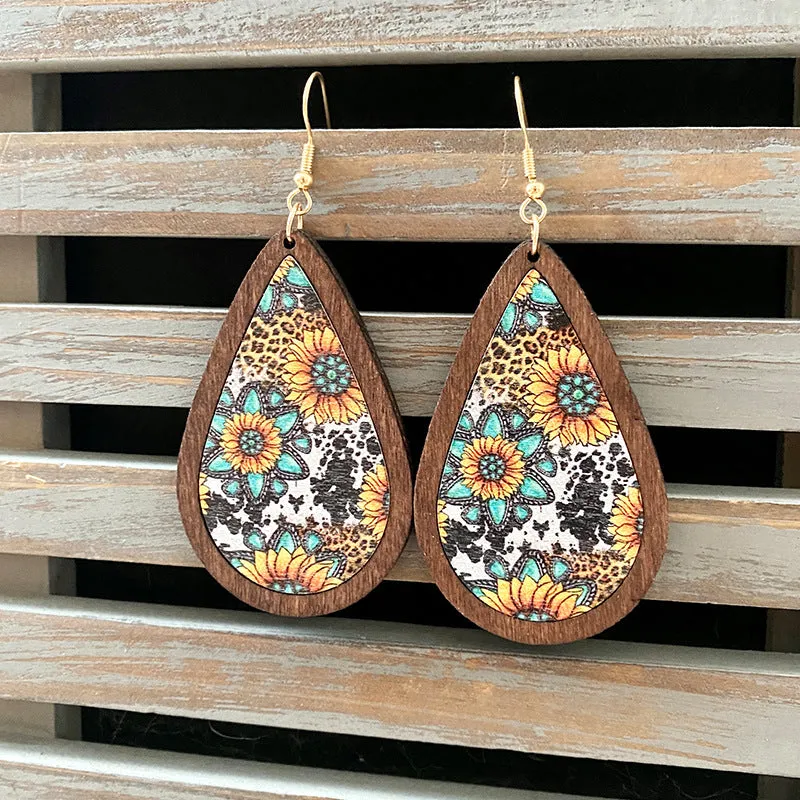 Wholesale Western Vintage Water Drop Pattern Wooden Earrings