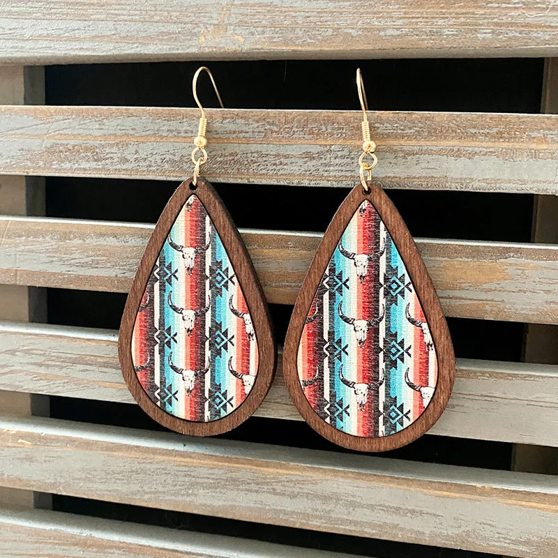Wholesale Western Vintage Water Drop Pattern Wooden Earrings