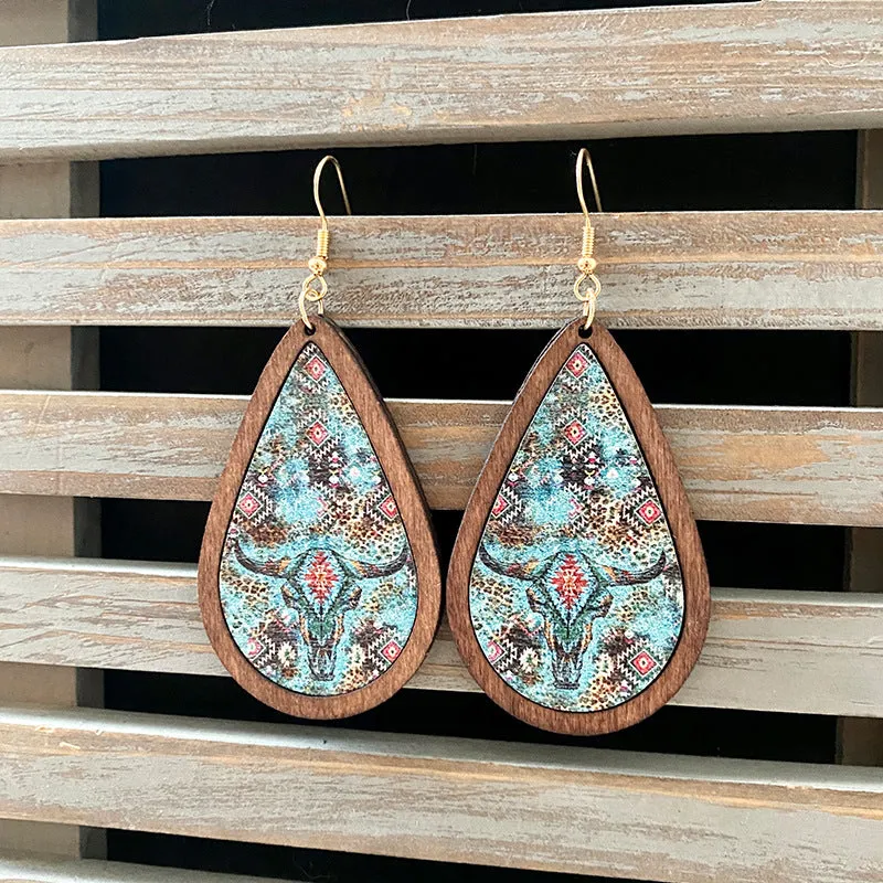 Wholesale Western Vintage Water Drop Pattern Wooden Earrings