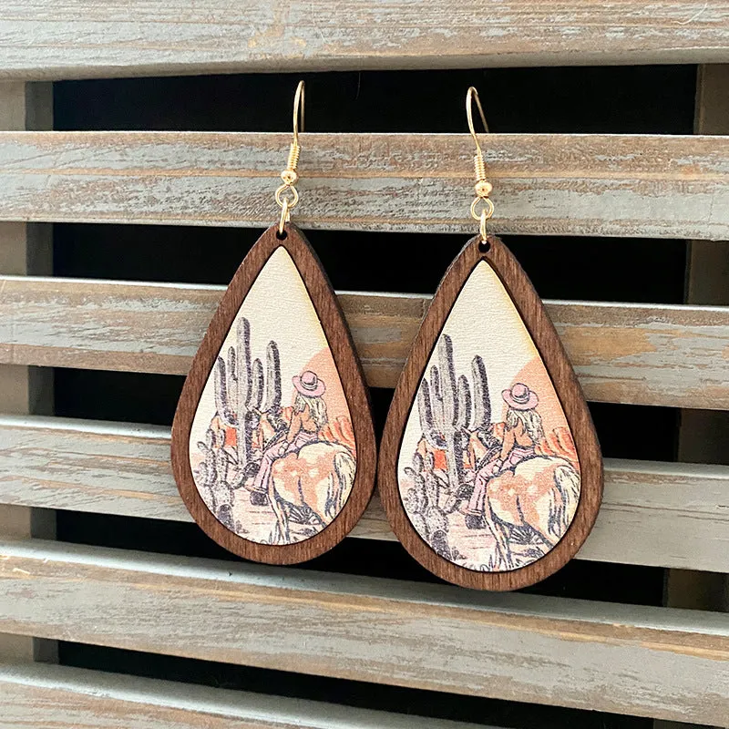 Wholesale Western Vintage Water Drop Pattern Wooden Earrings