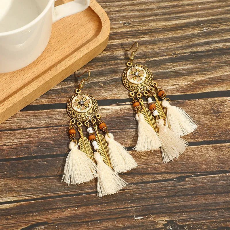 Wholesale White Feather Tassel Long Vintage Earrings