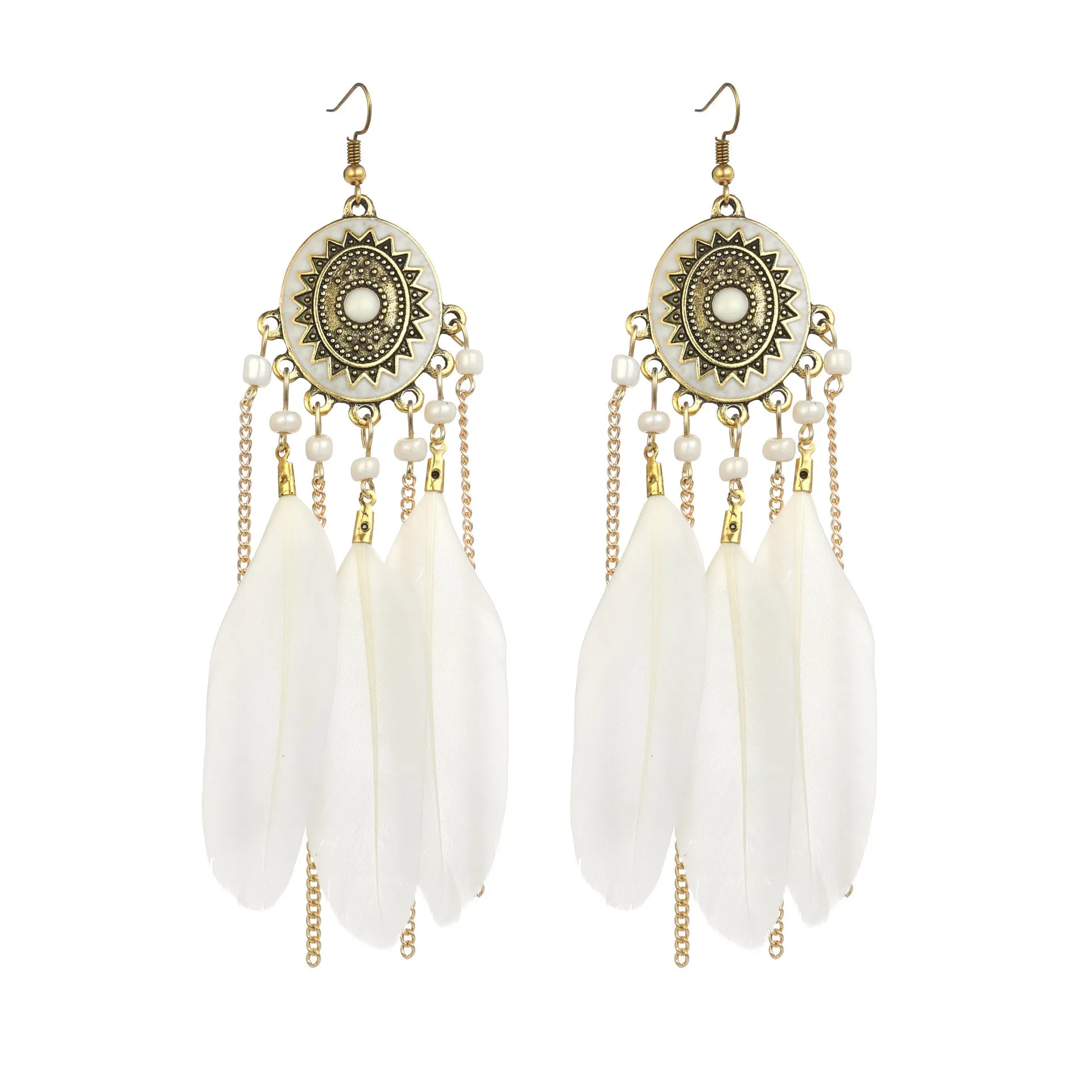 Wholesale White Feather Tassel Long Vintage Earrings