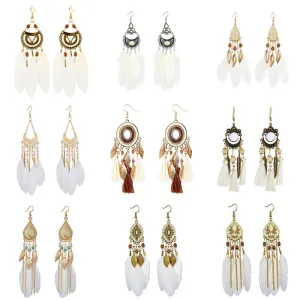 Wholesale White Feather Tassel Long Vintage Earrings
