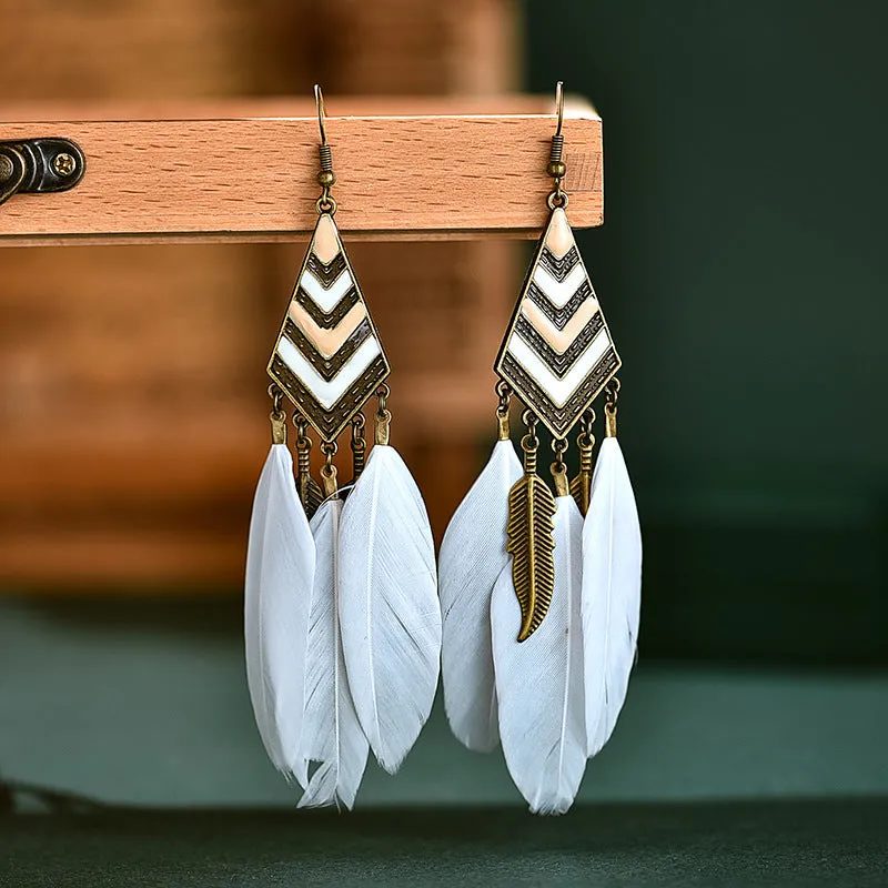 Wholesale White Feather Tassel Long Vintage Earrings