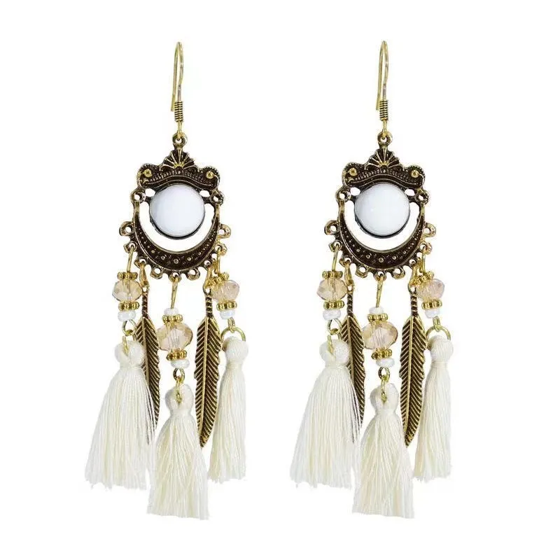 Wholesale White Feather Tassel Long Vintage Earrings