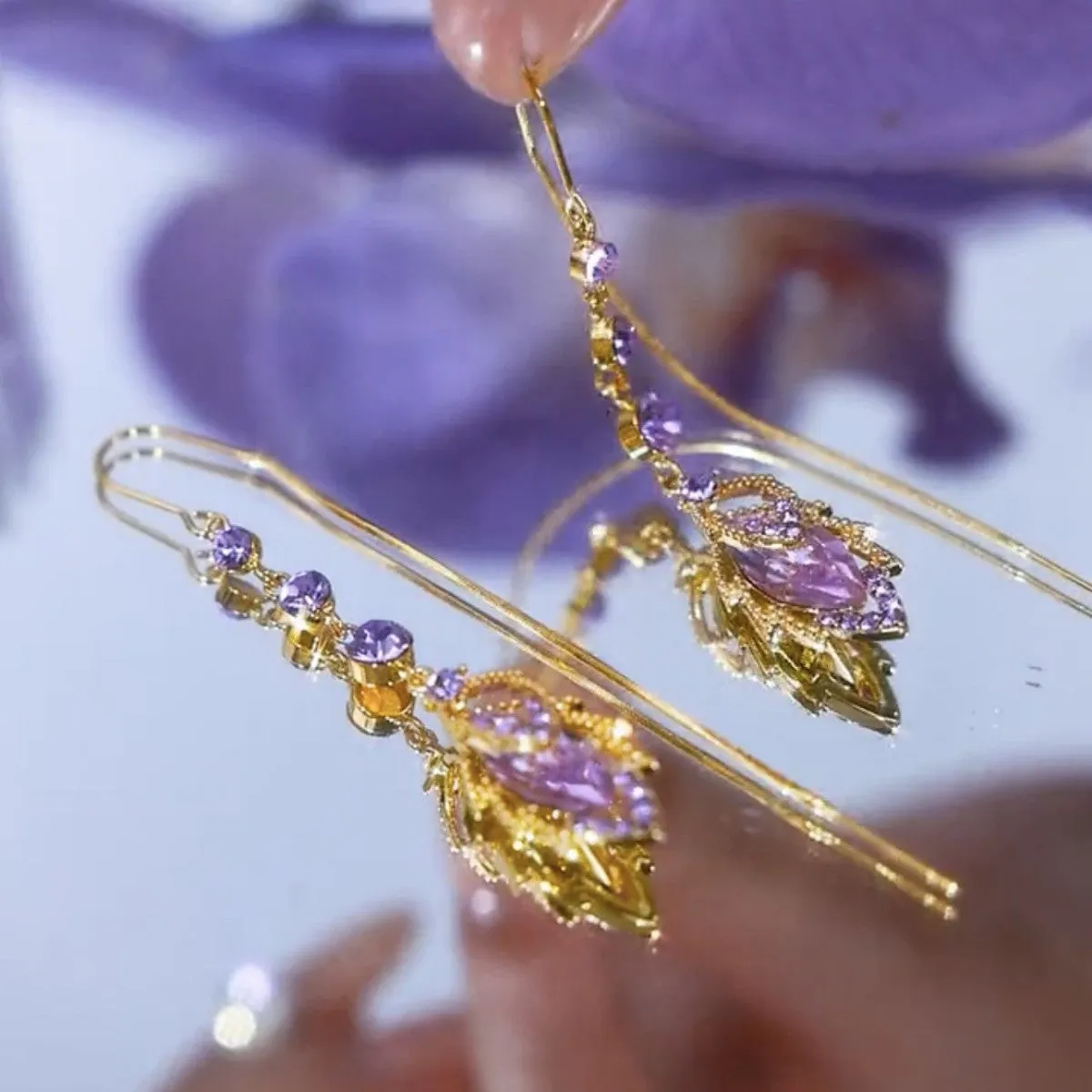 Wholesale wholesale 2024 new style purple diamond leaf earrings women's light luxury niche design high temperament earrings