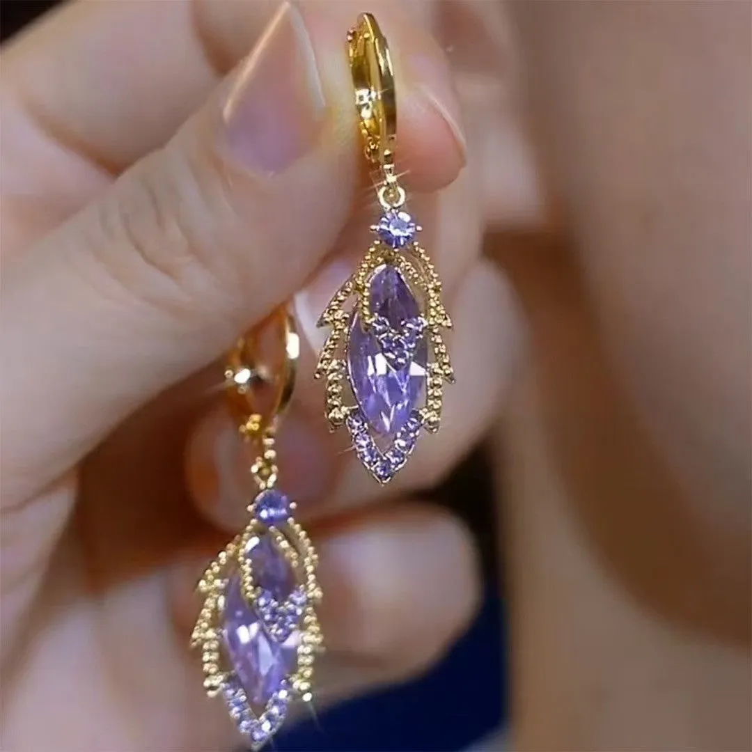 Wholesale wholesale 2024 new style purple diamond leaf earrings women's light luxury niche design high temperament earrings