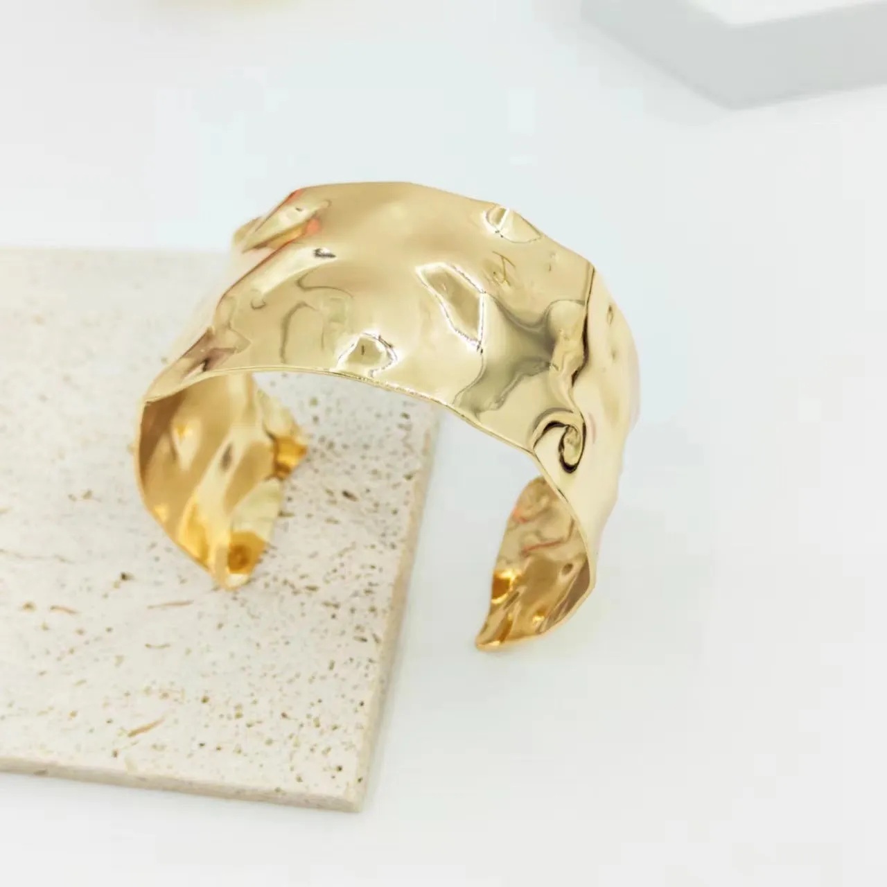 Wholesale wide hammered pleated golden bracelet