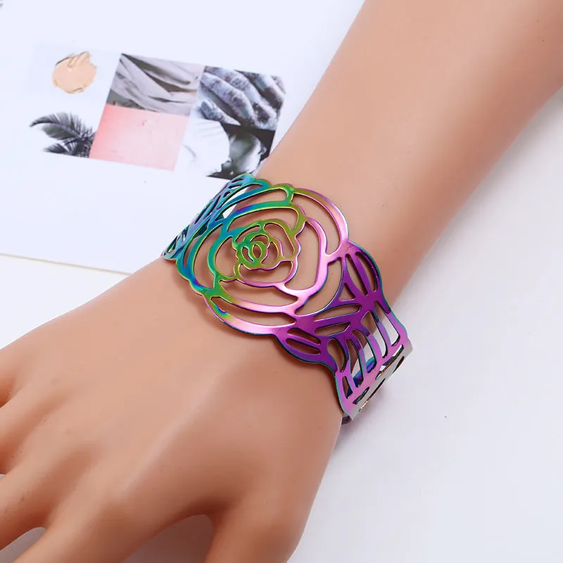 Wholesale Wide hollow metal rose open carved colorful bracelet