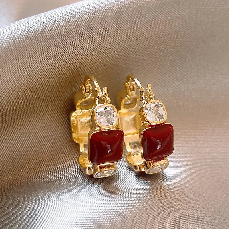 Wholesale wine red square light luxury earrings