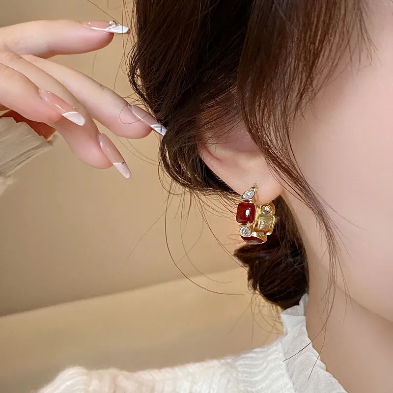 Wholesale wine red square light luxury earrings