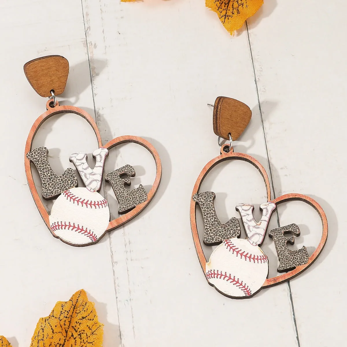Wholesale Wood Earrings Football Season Trend Heart Earrings