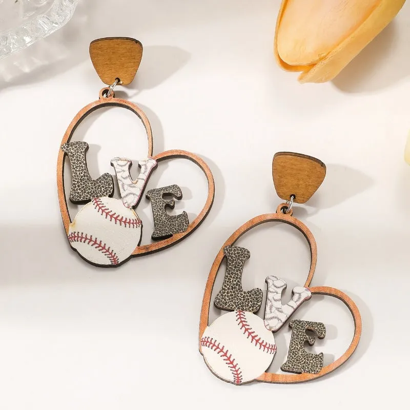 Wholesale Wood Earrings Football Season Trend Heart Earrings