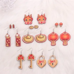 Wholesale Yuanbao Lantern Firecrackers Love Wooden New Year Earrings
