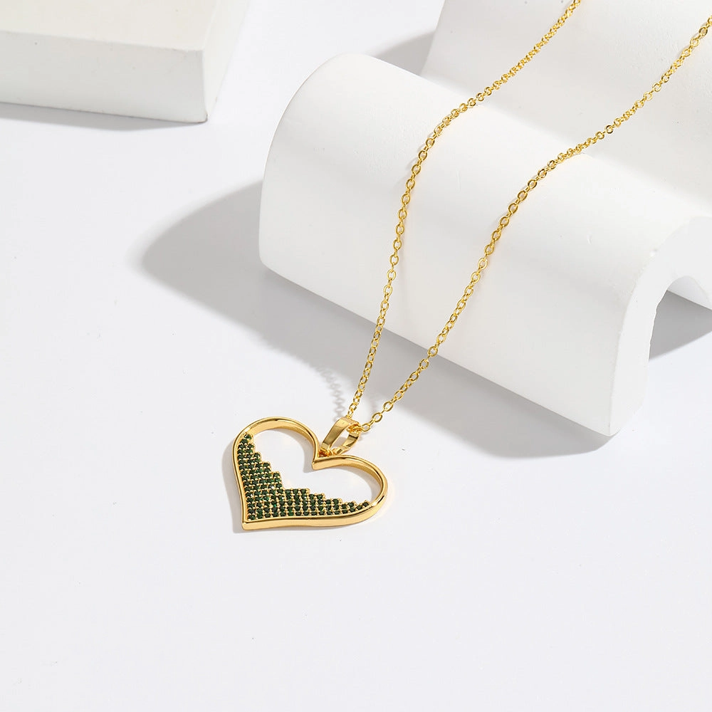 Wholesale 18K Gold Copper Micro Paved Emerald Love Heart Pendant Necklaces