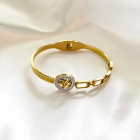 Wholesale 18K Gold Plated Geometric Disc Set with Diamond Tree Hollow Titanium Steel Bracelet