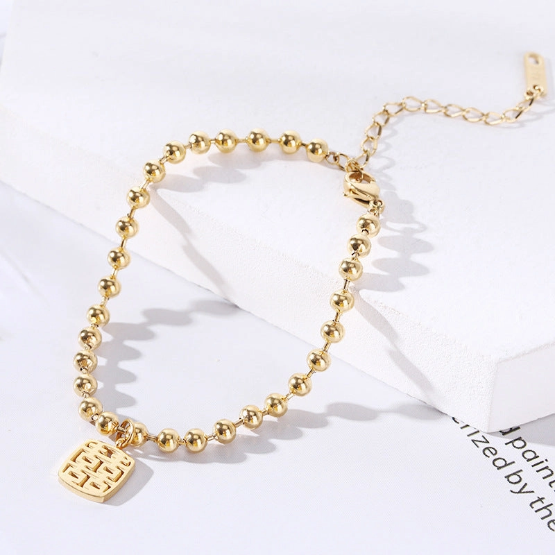 Wholesale 18K gold-plated titanium steel trendy simple geometric tag round bead chain bracelet