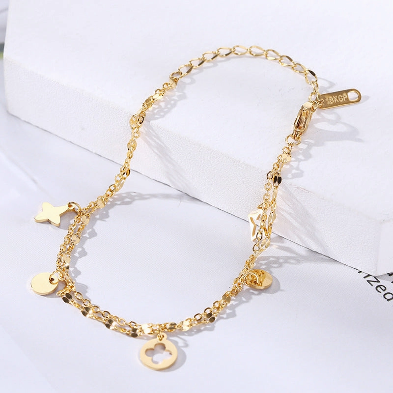 Wholesale 18K gold-plated titanium steel trendy simple geometric tag round bead chain bracelet