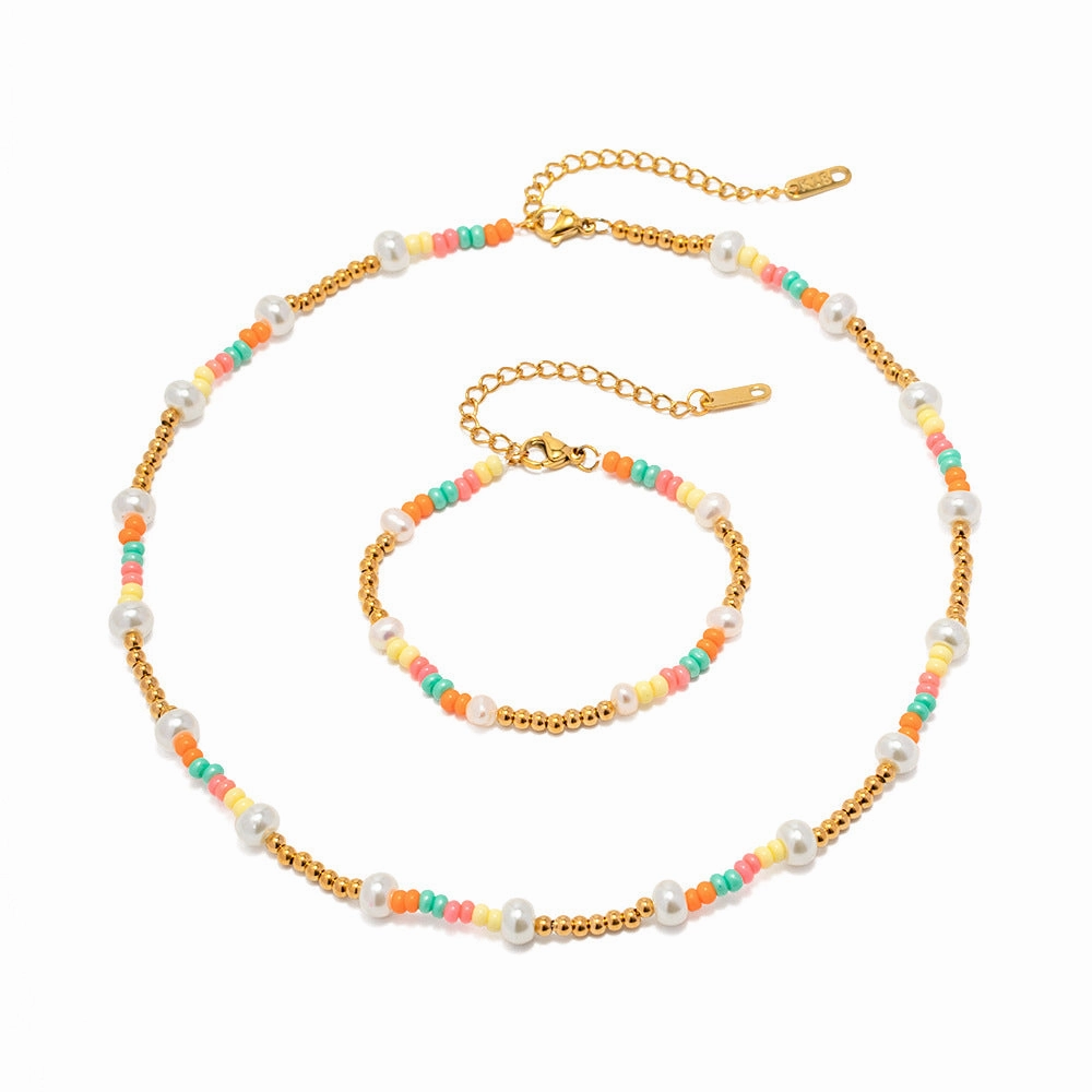 Wholesale 18k Gold Stainless Steel Colorful Beads Glass Pearl Beading Necklaces