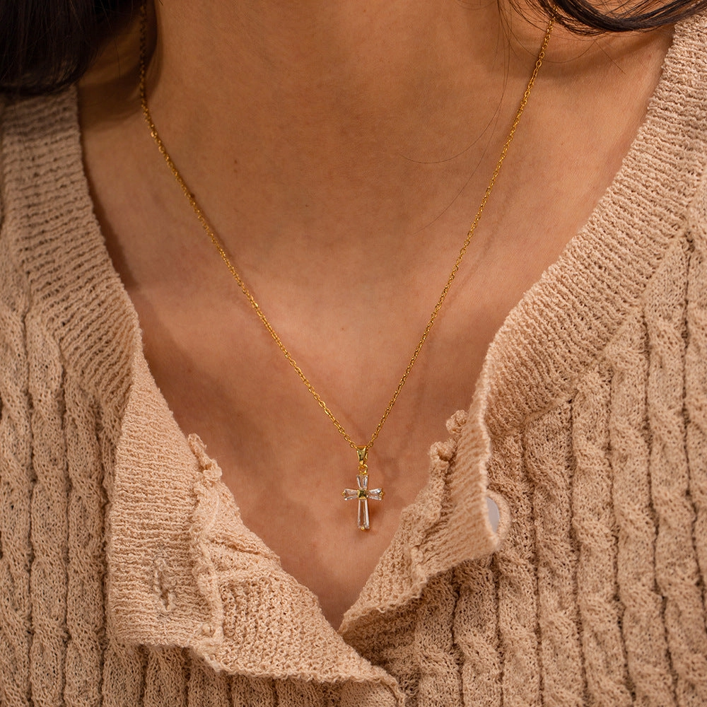 Wholesale 18K Gold Stainless Steel White Zirconia Square Cross Necklace