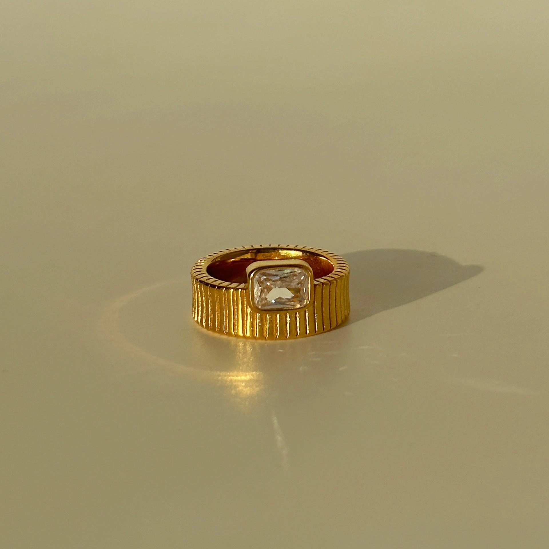 Wholesale 18k Real Gold Electroplated Titanium Steel Emerald Zircon Stripe Ring