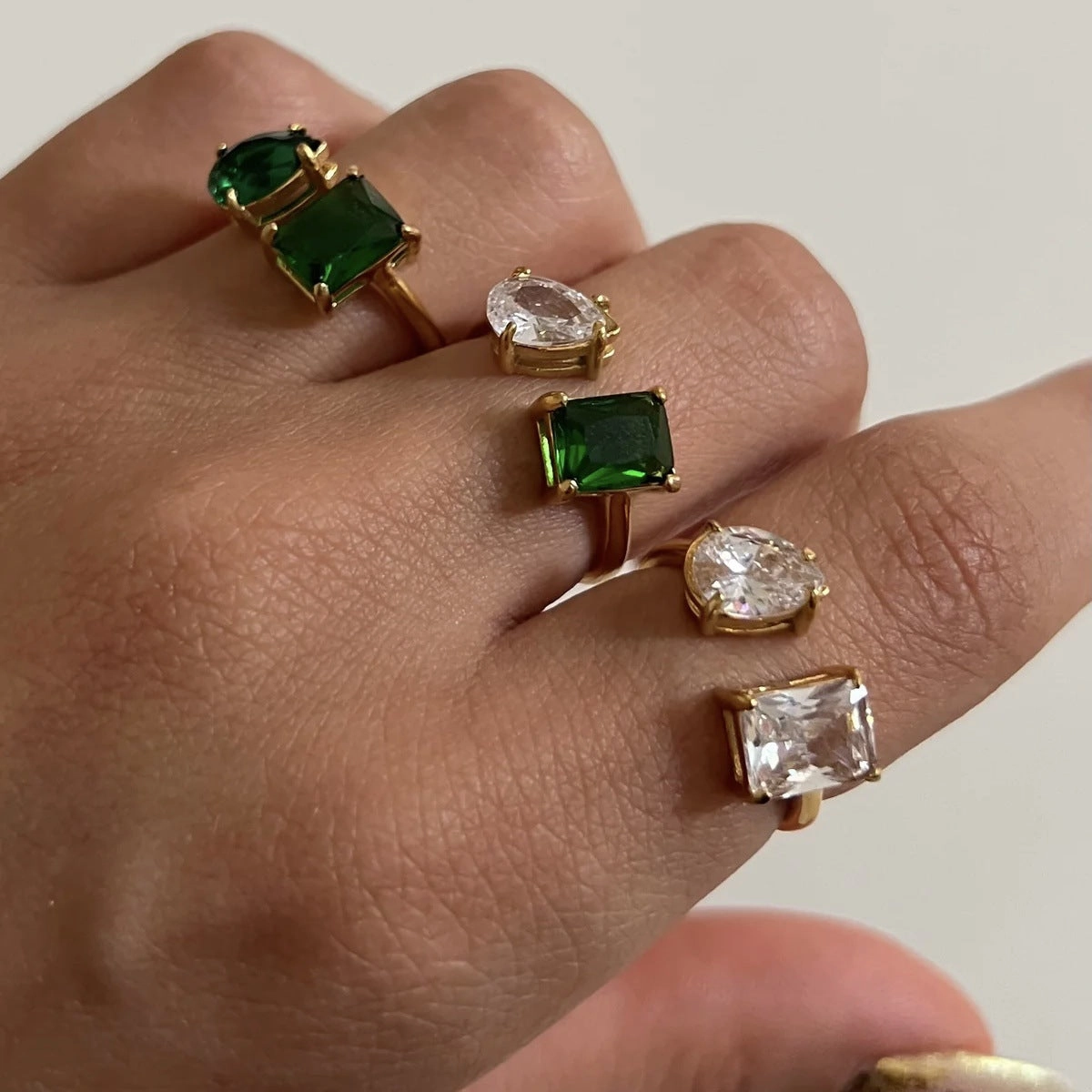 Wholesale 18k Real Gold Plated Titanium Steel Open Water Drop Square Zircon Ring
