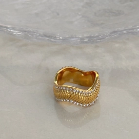 Wholesale 18k Real Gold Plated Titanium Steel Snake Bone Wave Zircon Ring
