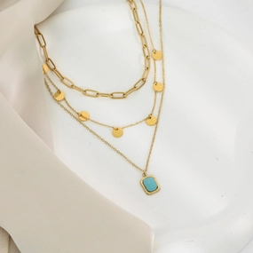 Wholesale 20PCS Natural Stone Square Brand Titanium Steel Retro Multi-layer Turquoise Necklace
