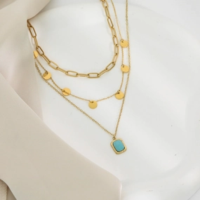 Wholesale 20PCS Natural Stone Square Brand Titanium Steel Retro Multi-layer Turquoise Necklace