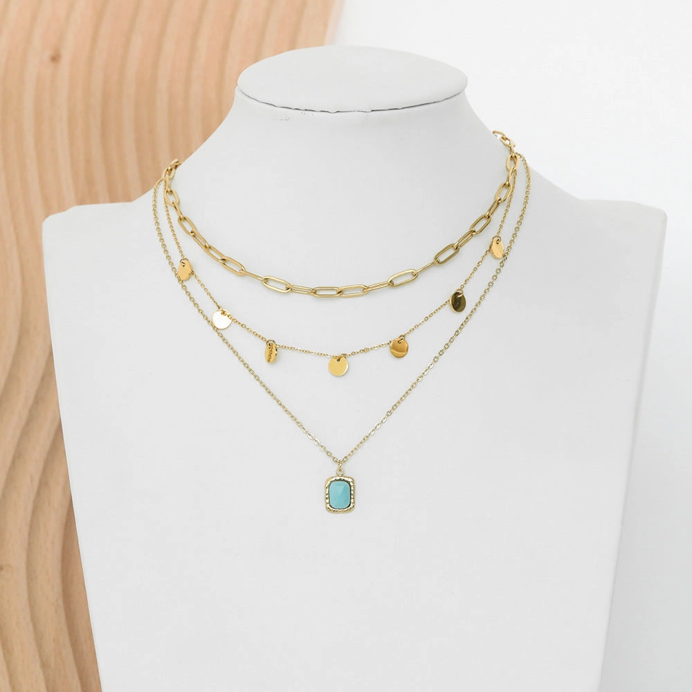 Wholesale 20PCS Natural Stone Square Brand Titanium Steel Retro Multi-layer Turquoise Necklace