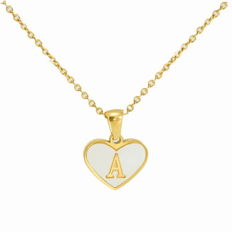 Wholesale 26 English Letters Love Heart Inlaid with Shell Stainless Steel Necklace
