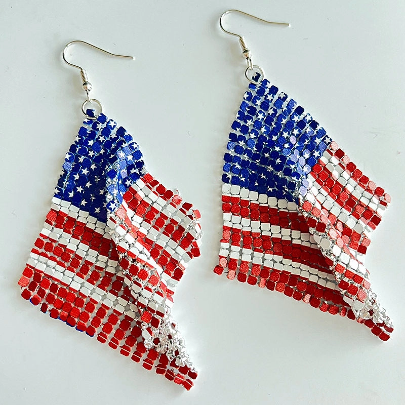 Wholesale 2pairs/pack Independence Day Flag Parade Feather Shiny Leather Mesh Earrings