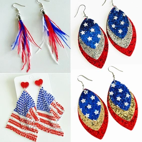 Wholesale 2pairs/pack Independence Day Flag Parade Feather Shiny Leather Mesh Earrings