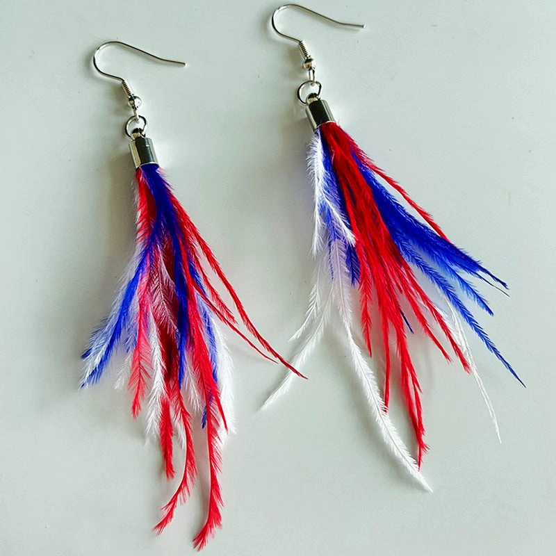 Wholesale 2pairs/pack Independence Day Flag Parade Feather Shiny Leather Mesh Earrings
