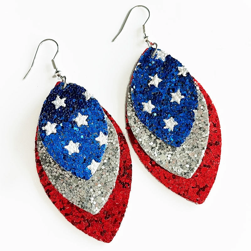 Wholesale 2pairs/pack Independence Day Flag Parade Feather Shiny Leather Mesh Earrings