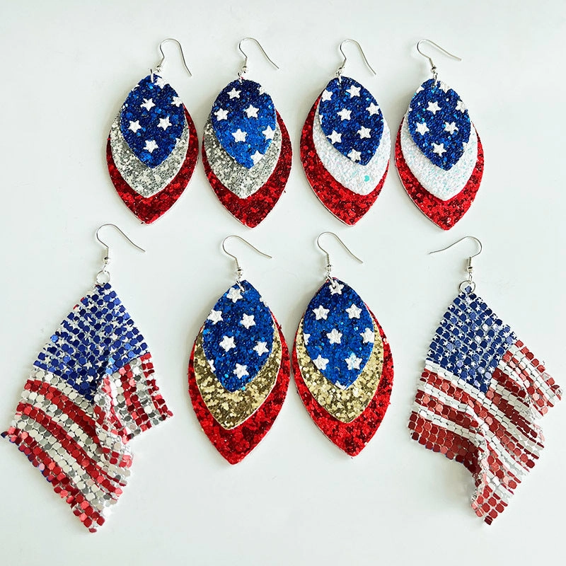 Wholesale 2pairs/pack Independence Day Flag Parade Feather Shiny Leather Mesh Earrings