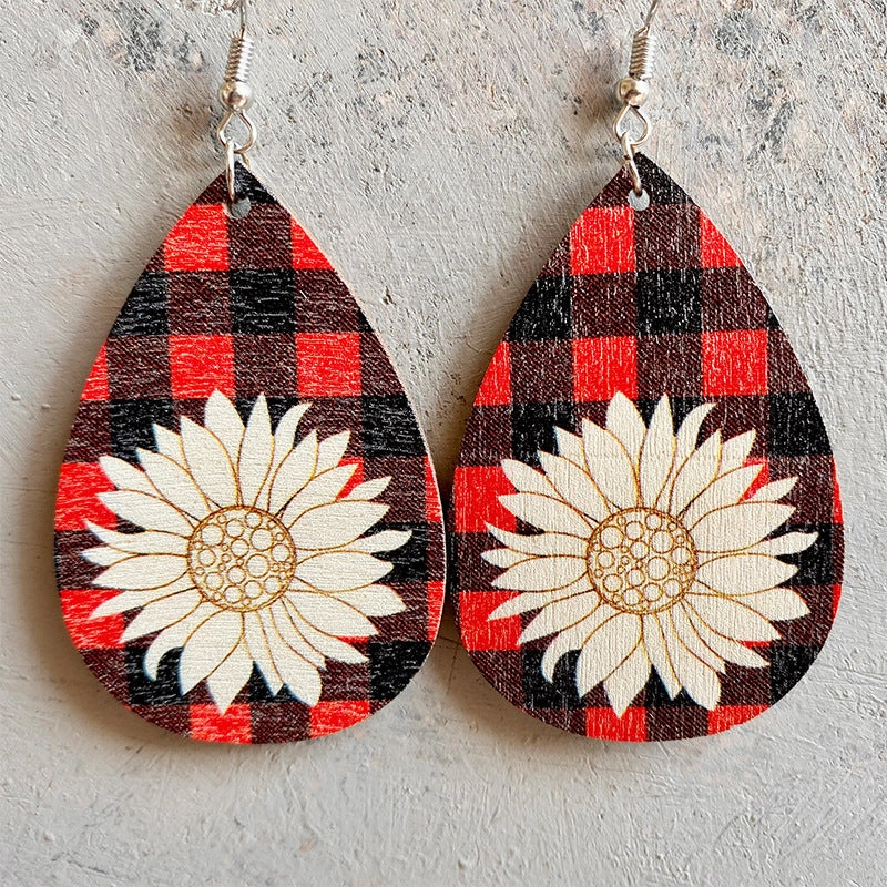 Wholesale 2PCS Leopard Print Sunflower Drop Shape Wooden Earrings