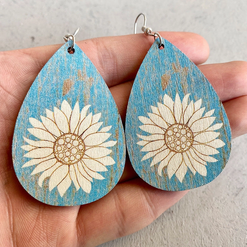 Wholesale 2PCS Leopard Print Sunflower Drop Shape Wooden Earrings
