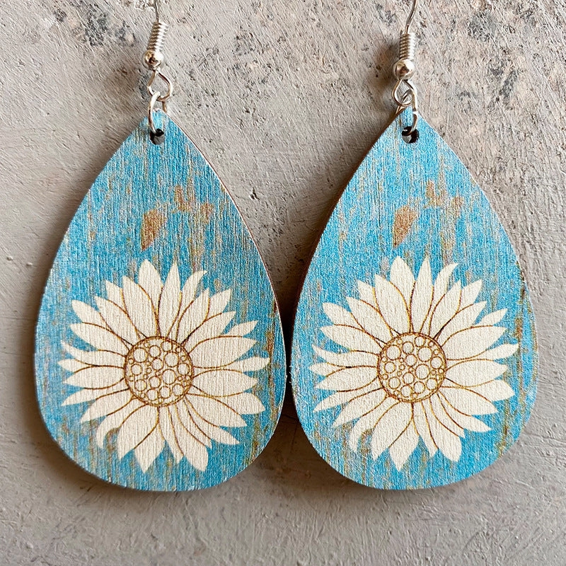 Wholesale 2PCS Leopard Print Sunflower Drop Shape Wooden Earrings