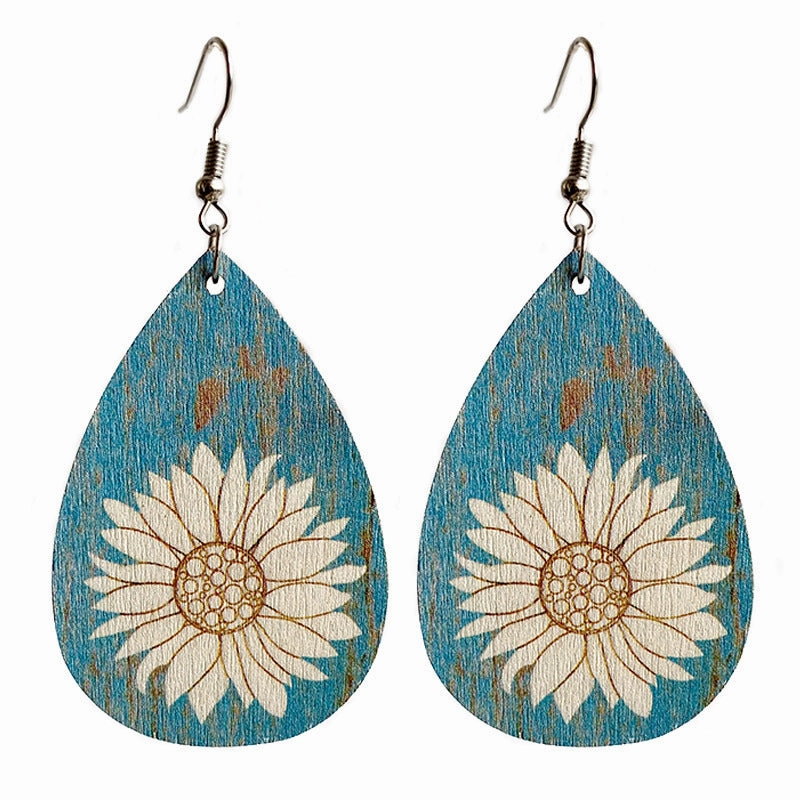 Wholesale 2PCS Leopard Print Sunflower Drop Shape Wooden Earrings